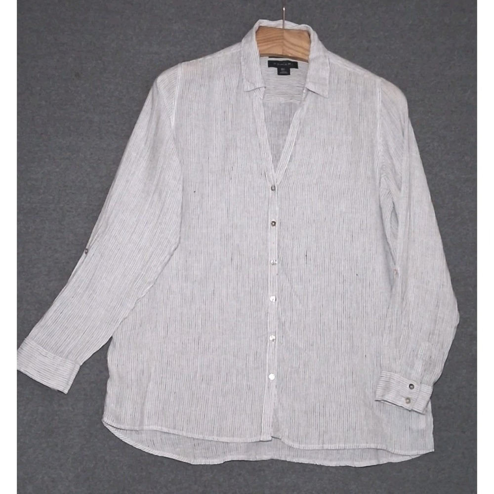 Tahari Women's Linen Shirt White with Black Pinstripes Size Large Lagenlook